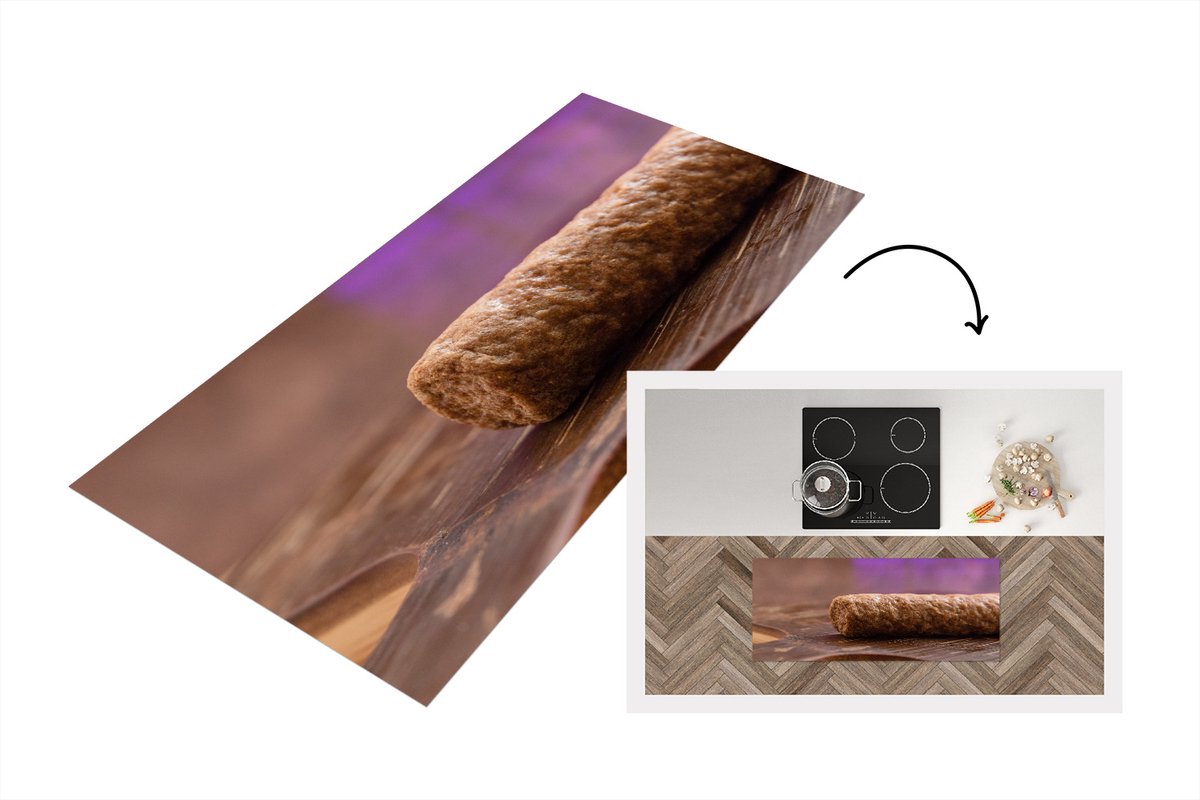 KitchenYeah Keukenloper - Loper keuken - Een close-up van een gefrituurde frikandel - 120x50 cm - Keukenloper vinyl Multicolor