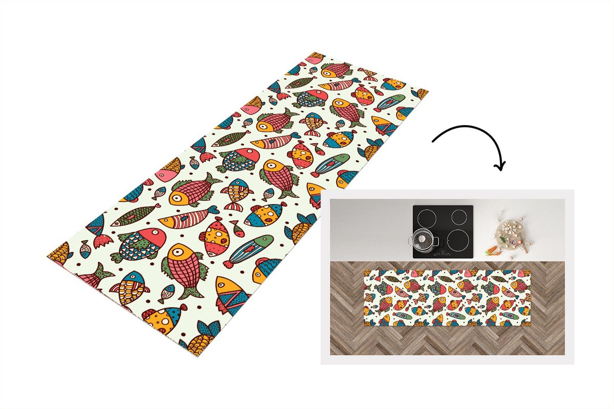 KitchenYeah Keukenloper - Loper keuken - Patroon - Zee - Vis - Zeedieren - 150x50 cm - Keukenloper vinyl Multicolor