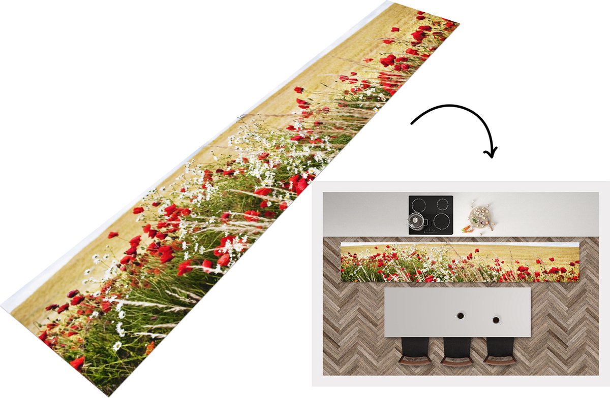 KitchenYeah Keukenloper - Loper keuken - Wolken - Bloemen - Rood - 300x50 cm - Keukenloper vinyl Multicolor
