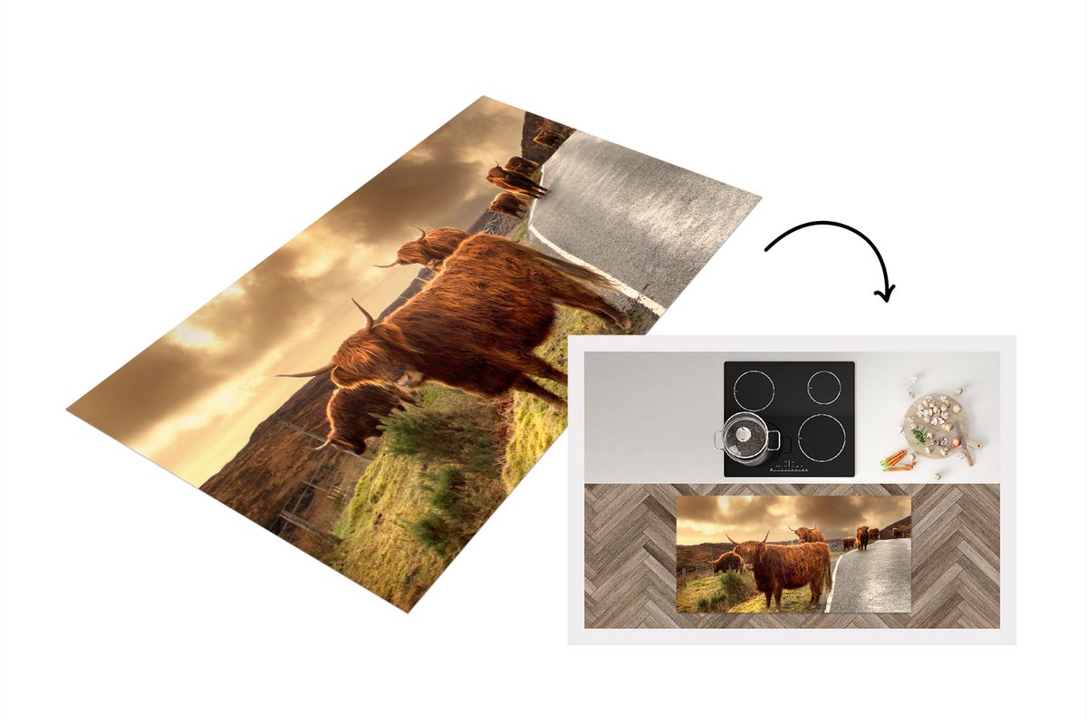 KitchenYeah Keukenloper - Loper keuken - Schotse hooglanders - Lucht - Weg - 120x60 cm - Keukenloper vinyl Multicolor