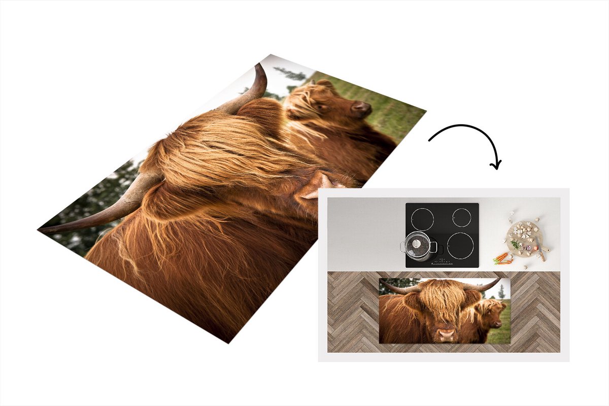 KitchenYeah Keukenloper - Loper keuken - Schotse Hooglanders - Bruin - Gras - 120x60 cm - Keukenloper vinyl Multicolor