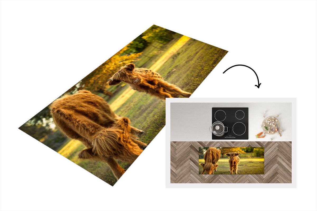 KitchenYeah Keukenloper - Loper keuken - Schotse Hooglanders - Kalfje - Herfst - 120x50 cm - Keukenloper vinyl Multicolor