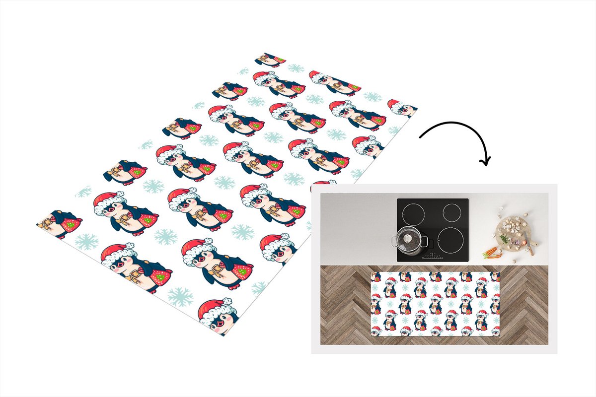 KitchenYeah Keukenloper - Loper keuken - Pinguïn - Kerstmuts - Kind - Patronen - Kerstmis - 120x60 cm - Keukenloper vinyl Multicolor