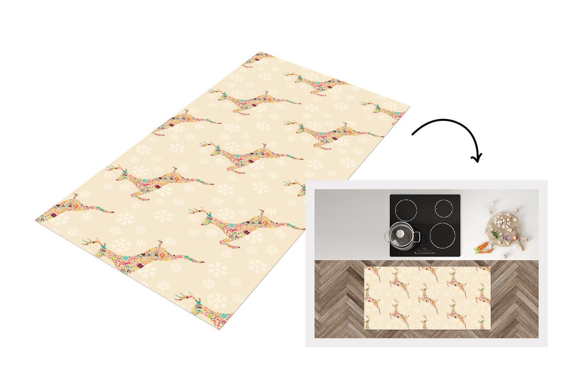 KitchenYeah Keukenloper - Loper keuken - Regenboog - Rendier - Kerst cadeau - Patronen - Christmas - 120x60 cm - Keukenloper vinyl Multicolor