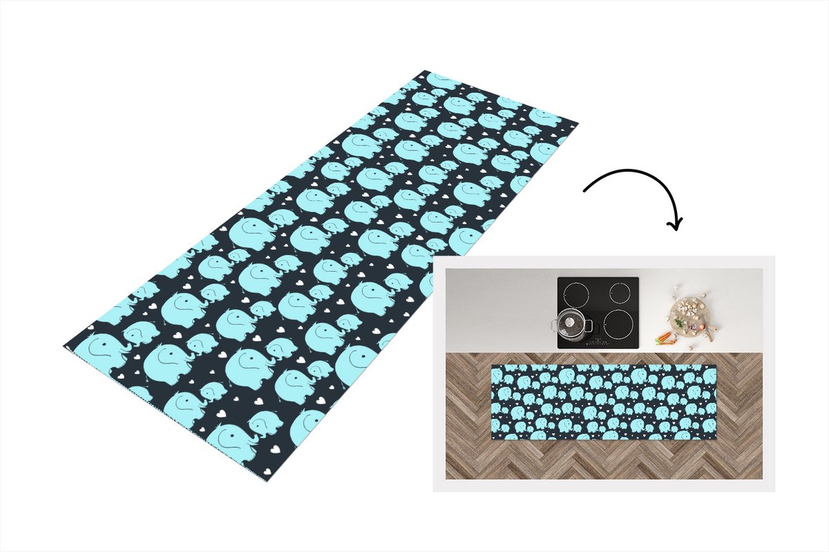 KitchenYeah Keukenloper - Loper keuken - Patronen - Olifant - Hart - 180x60 cm - Keukenloper vinyl Multicolor