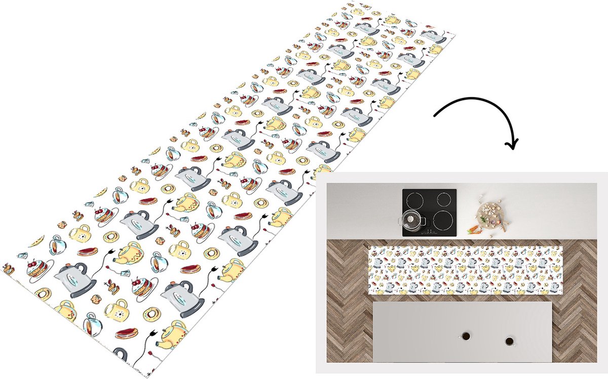 KitchenYeah Keukenloper - Loper keuken - Patronen - Thee - Taart - High tea - 200x50 cm - Keukenloper vinyl Multicolor