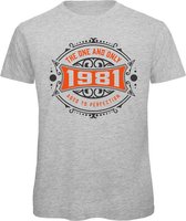 1981 The One And Only | Feest Kado T-Shirt Heren - Dames | Antraciet - Oranje | Perfect Verjaardag Cadeau Shirt | Grappige Spreuken - Zinnen - Teksten | Maat XL