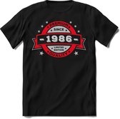 1986 Premium Quality | Feest Kado T-Shirt Heren - Dames | Rood - Zilver | Perfect Verjaardag Cadeau Shirt | Grappige Spreuken - Zinnen - Teksten | Maat S