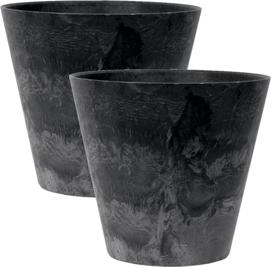 2x stuks plantenpot/bloempot tijdloze natuursteen look Dia 27 cm en Hoogte 24 cm in het Artstone zwart voor binnen/buiten