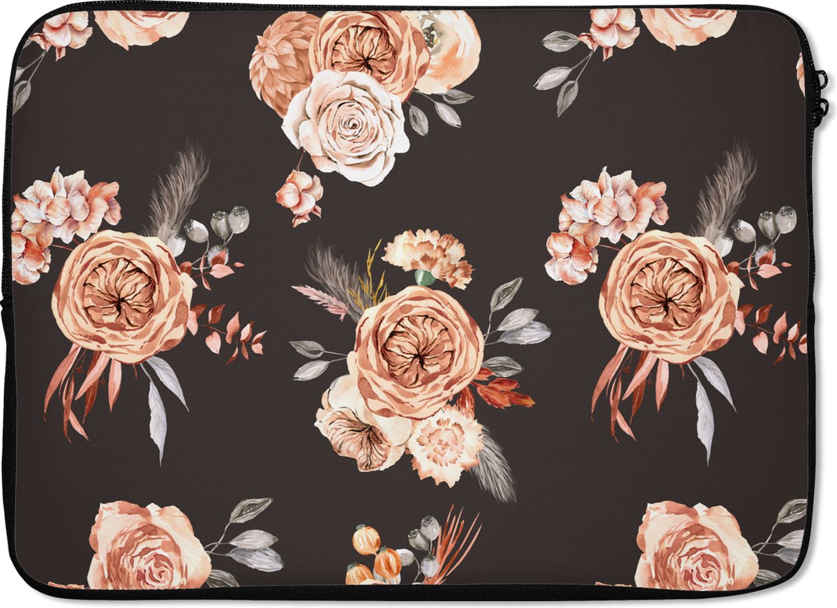 Laptophoes 14 inch - Patronen - Rozen - Zwart - Laptop sleeve - Binnenmaat 33x23 cm - Zwarte achterkant