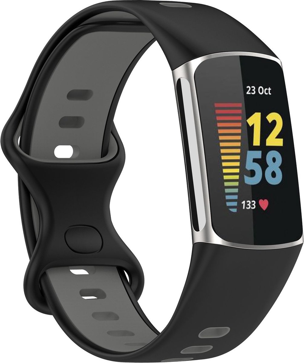 Mobigear Siliconen Watch bandje geschikt voor Fitbit Charge 5 Bandje Druksluiting | Mobigear Sport Dual - Zwart / Grijs