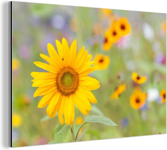 Wanddecoratie Metaal - Aluminium Schilderij Industrieel - Bloemen - Zonnebloem - Geel - 180x120 cm - Dibond - Foto op aluminium - Industriële muurdecoratie - Voor de woonkamer/slaapkamer