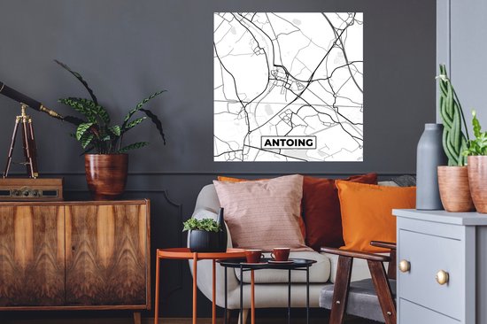 Stickers muraux - Film autocollant - Zwart Wit - België - Carte - Plan de la ville - Carte - Antoing - 80x80 cm - Film adhésif - Stickers muraux Chambre d'enfant - Papier peint autocollant