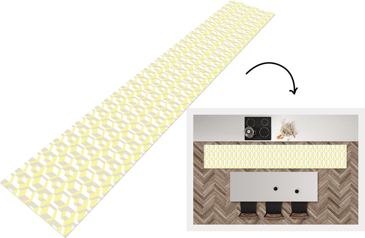 KitchenYeah Keukenloper - Keukenmat - Blokken - Patronen - 3D - Geel - 360x60 cm - Keuken vloerkleed Multicolor