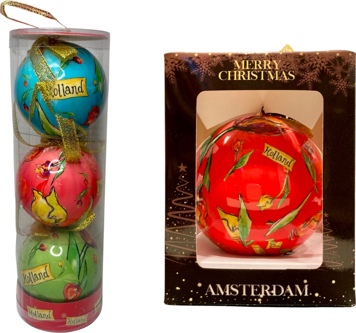 Set Kerstballen (3 stuks) & Giftbox XL Kerstbal (1 stuk) - Holland met Tulpen