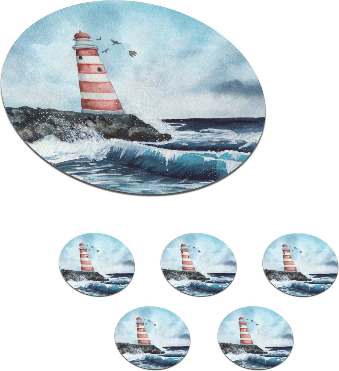 Onderzetters voor glazen - Rond - Zee - Golf - Vuurtoren - 10x10 cm - Glasonderzetters - 6 stuks