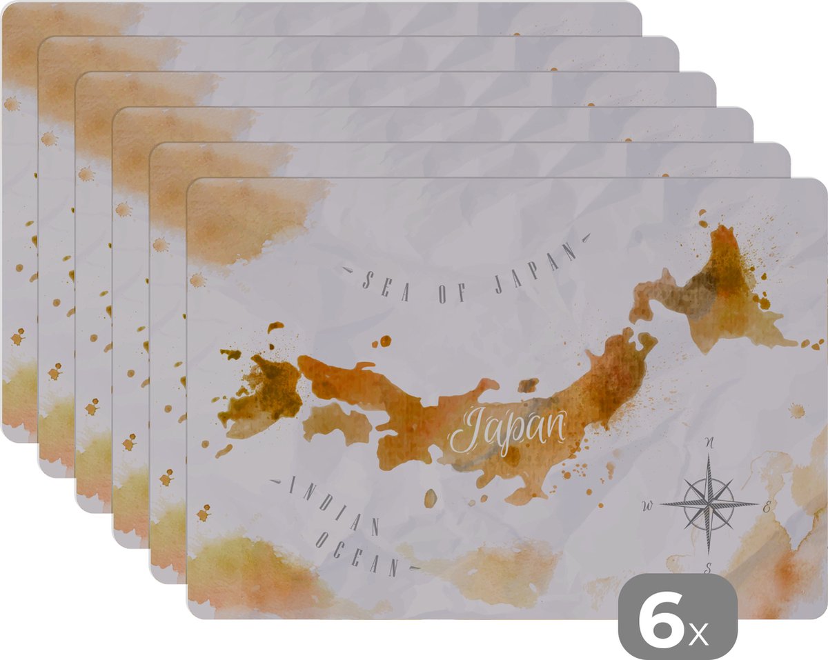 Placemat kinderen - Placemat - Placemats kunststof - Kaart - Waterverf - Japan - 45x30 cm - 6 stuks - Hittebestendig - Anti-Slip - Onderlegger - Afneembaar