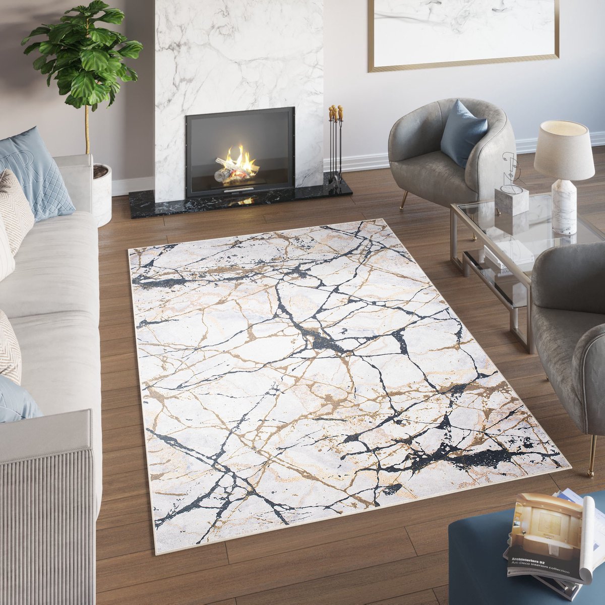 Tapiso Toscana Vloerkleed Beige Gouden Zwart Laagpolig Tapijt Maat- 140x200