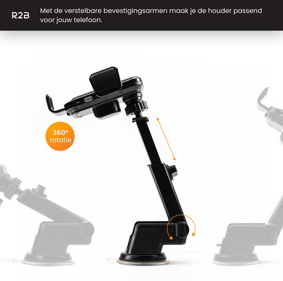 Zwarte R2B telefoonhouder met verstelbare arm en 360 graden rotatie. Past op het raam, dashboard of ventilatierooster.