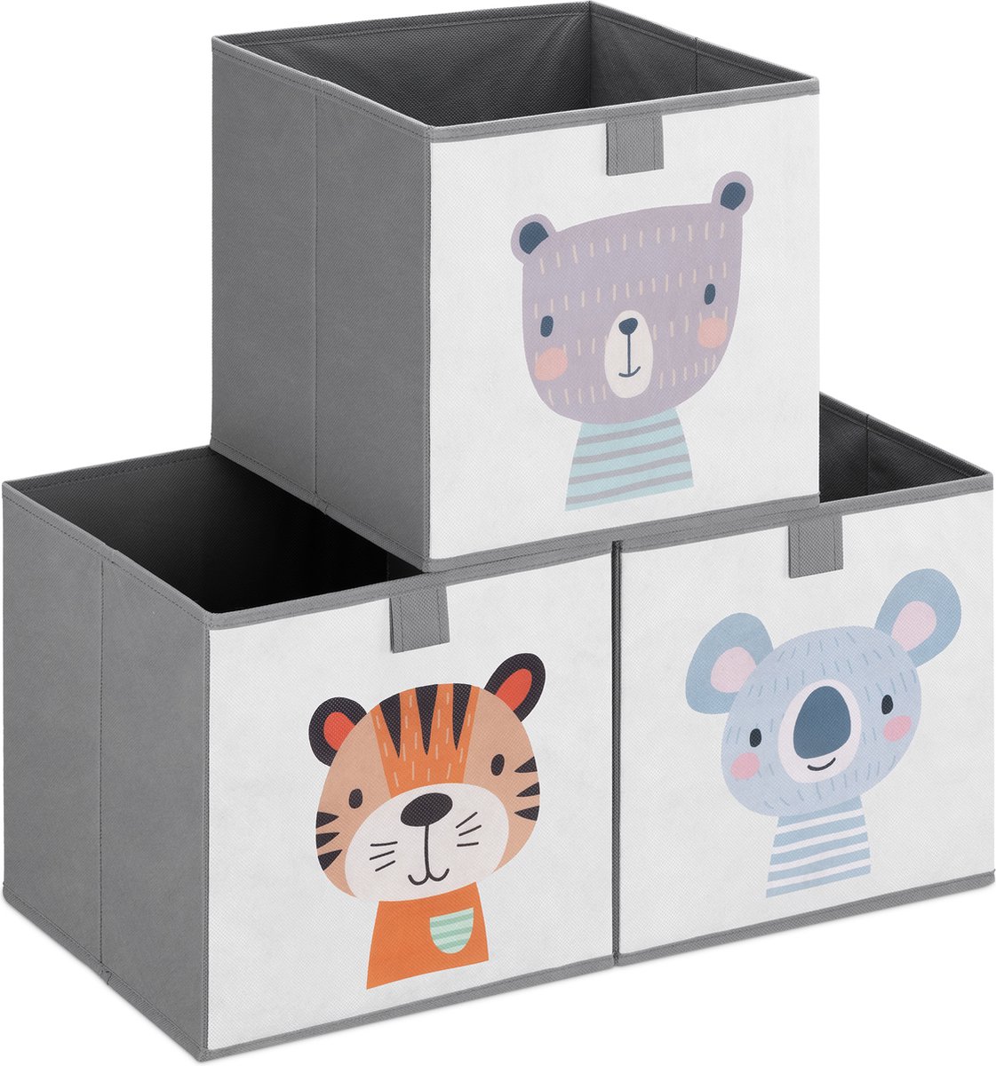 Navaris opbergdozen voor kinderen - Set van 3 opbergboxen met treklus - 28 x 28 x 28 cm - Opvouwbaar - Opbergmanden in beige met dierenmotief