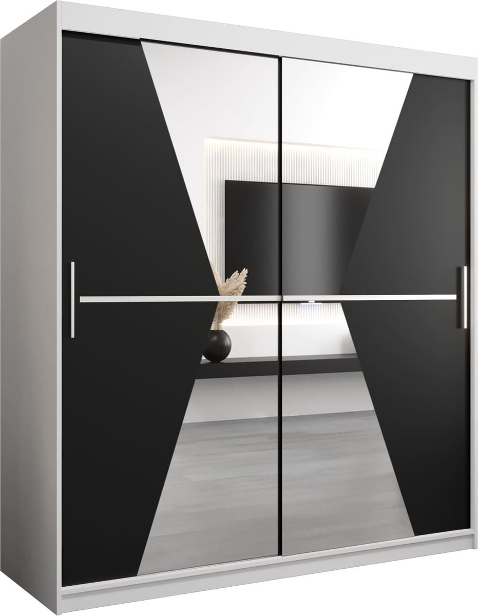 InspireME Kledingkast met 2 schuifdeuren, Modern-stijl, Een kledingkast met planken en een spiegel (BxHxD): 180x200x62 - TOTO 180 Wit Mat + Zwart
