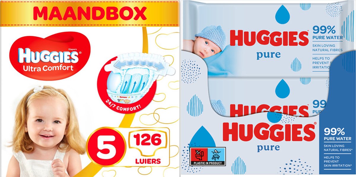 Goedkoopste Huggies luiers maat 5 (126 luiers) Huggies billendoekjes Pure (1008 doekjes