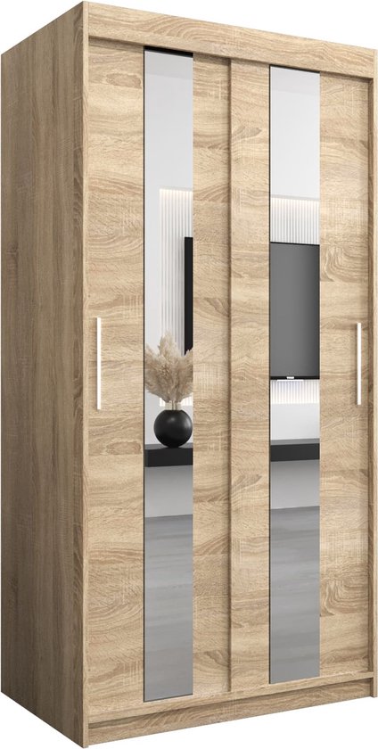 InspireMe - Kledingkast met 2 schuifdeuren, Modern-stijl, Een kledingkast met planken en een spiegel (BxHxD): 100x200x62 - DANCE 100 Sonoma Eik
