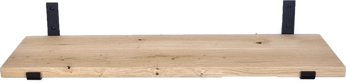 GoudmetHout Wandplank Industrieel - 80 x 30 cm Muurplank - Eiken Hout - Decoratie Wandrek & Boekenrek - Hangplank Keuken - Wall Shelf + 2 Mat Zwarte Plankdragers van Staal Licht eiken, mat zwart - 30 cm