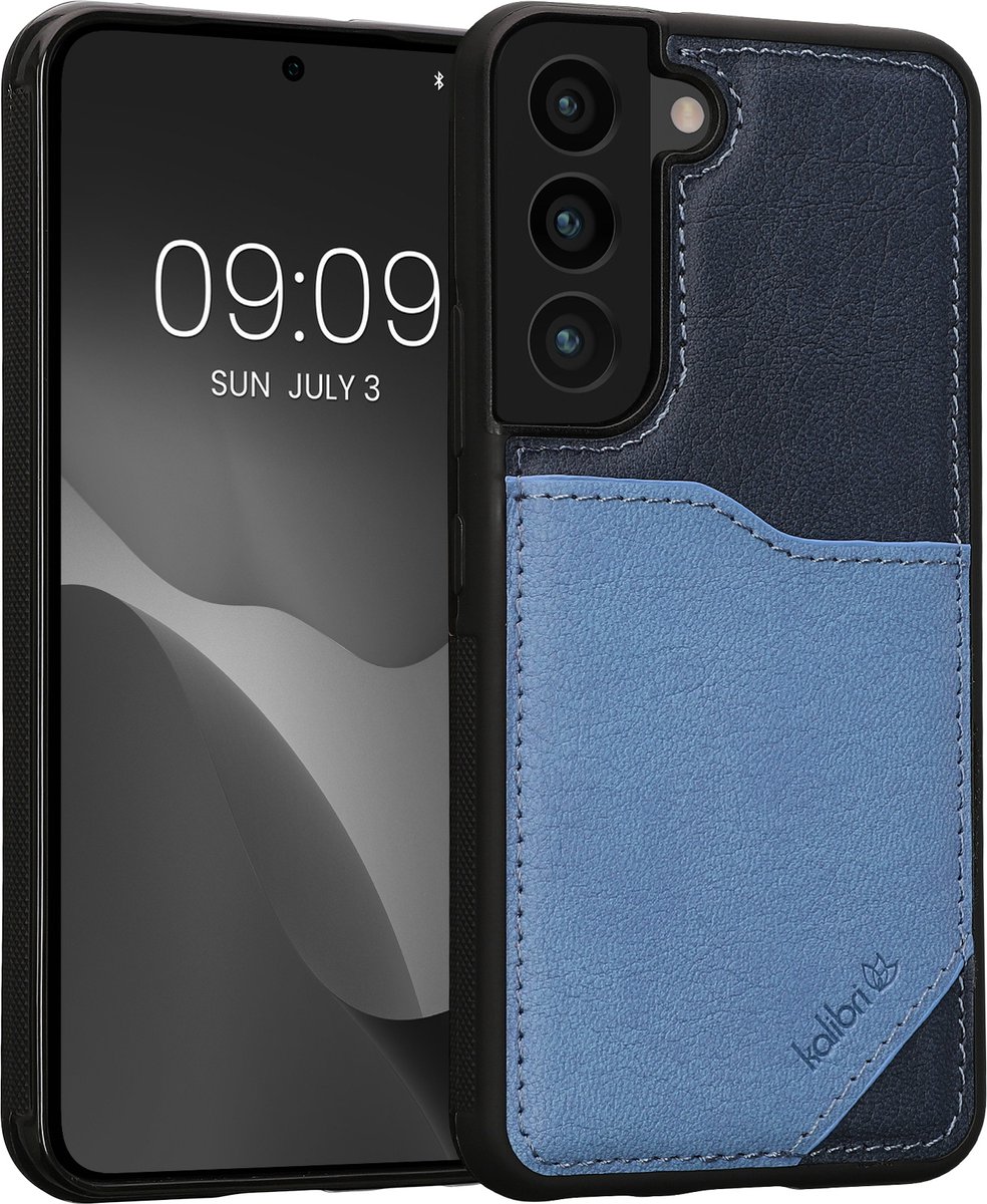 kalibri telefoonhoesje compatibel met Samsung Galaxy S22 - Back cover synthetisch leer met pashouder - In donkerblauw / lichtblauw