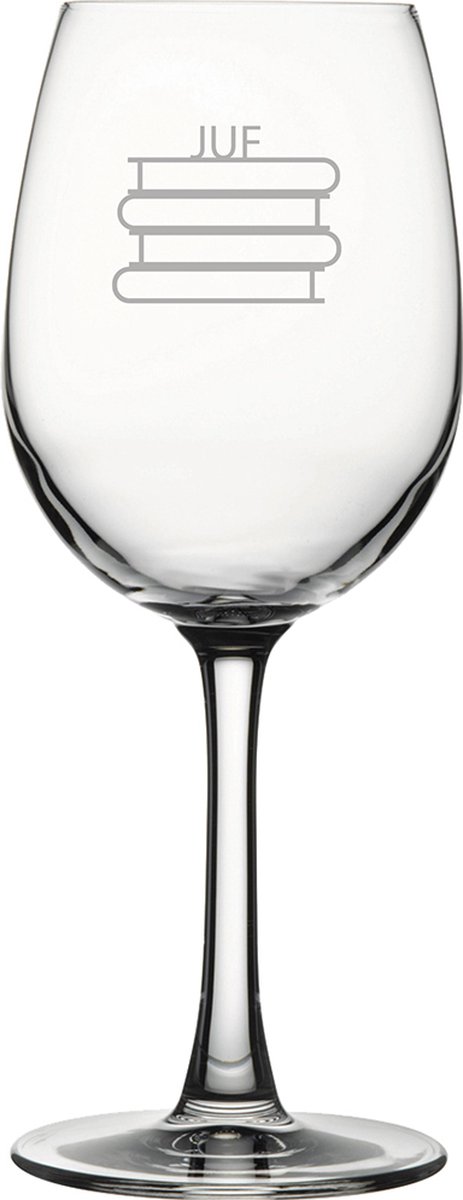 Gegraveerde witte wijnglas 36cl Juf met boeken