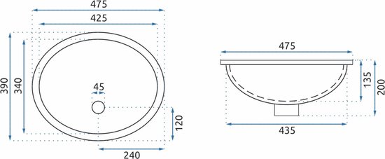 Dessin technique d'un lavabo ovale avec dimensions.