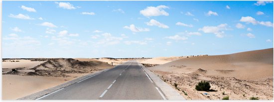 WallClassics - Poster Glanzend – Lange Rechte Weg naast Duinen - 60x20 cm Foto op Posterpapier met Glanzende Afwerking