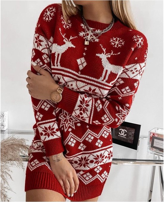 Halflange gebreide Kersttrui - Dames trui - Warme trui - Christmas Sweater  - Rood -... | bol