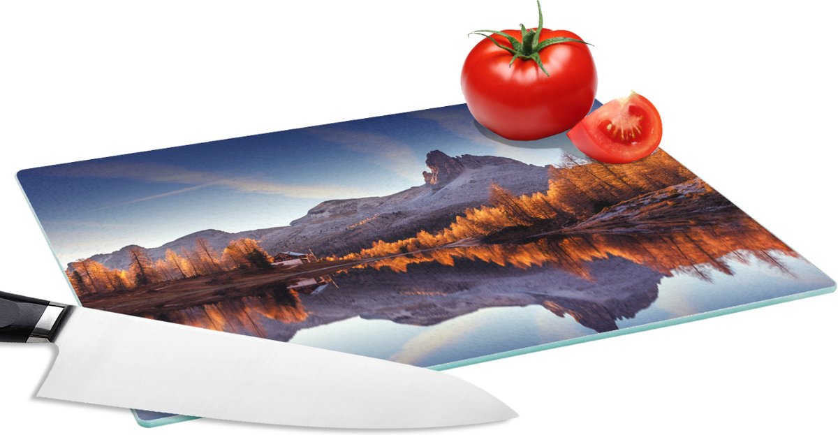 Glazen Snijplank - 28x20 - Bergen - Bomen - Herfst - Meer - Natuur - Snijplanken Glas