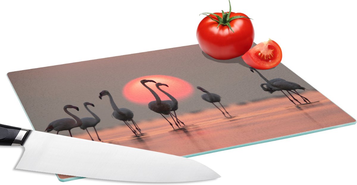 Glazen Snijplank - 28x20 - Vogel - Flamingo - Zonsondergang - Roze - Snijplanken Glas