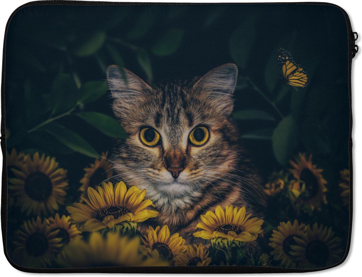Laptophoes 17 inch - Kat - Geel - Bloemen - Botanisch - Laptop sleeve - Binnenmaat 41x28 cm - Zwarte achterkant