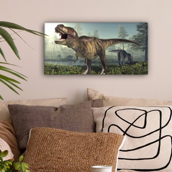 Toile Peinture Dino - Herbe - Dessin - 40x20 cm - Décoration murale