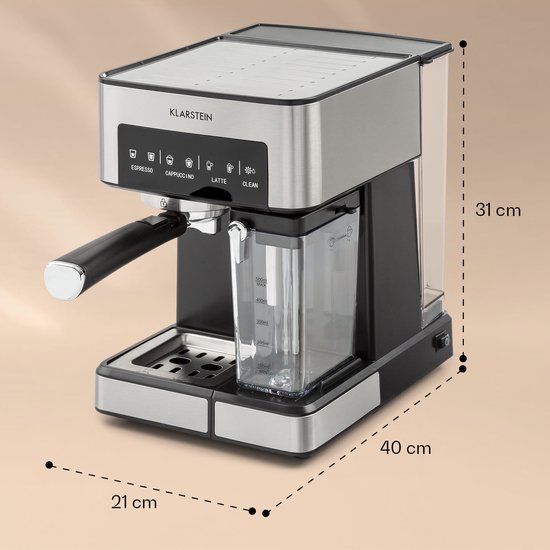 Klarstein Koffiemachine Espresso Pistonmachine met Melkopschuimer, 1,8 L Mini Espressomachine met Piston, 20 Bar RVS Compact, Melkreservoir, 1350 W Koffiemachine voor Gemalen Koffie - Stoompijpje Touch LED - Coffee Machine