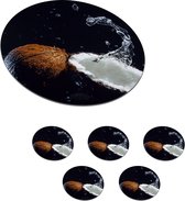 Onderzetters voor glazen - Rond - Kokosnoot - Stilleven - Water - Zwart - Fruit - 10x10 cm - Glasonderzetters - 6 stuks