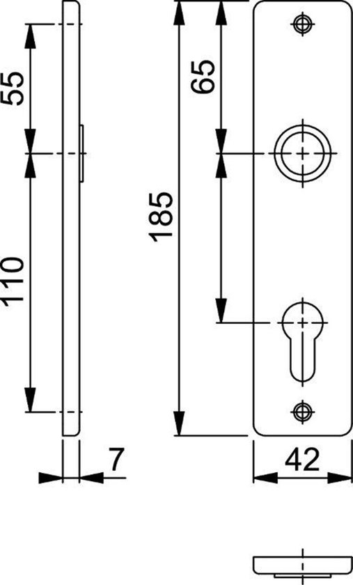 Technische tekening: zilverkleurig deurschild, 185mm x 42mm, 7mm dik.