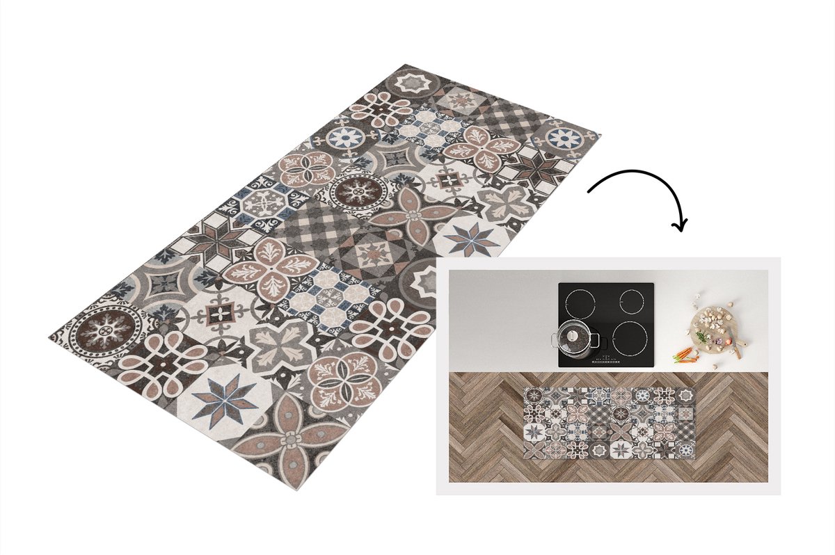 KitchenYeah Keukenloper - Loper keuken - Bloemen - Figuren - Bruin - Design - 120x50 cm - Keukenloper vinyl Multicolor
