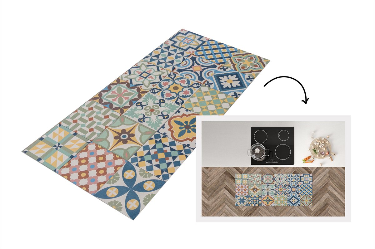 KitchenYeah Keukenloper - Loper keuken - Vintage - Bloemen - Design - Figuren - 120x50 cm - Keukenloper vinyl Multicolor