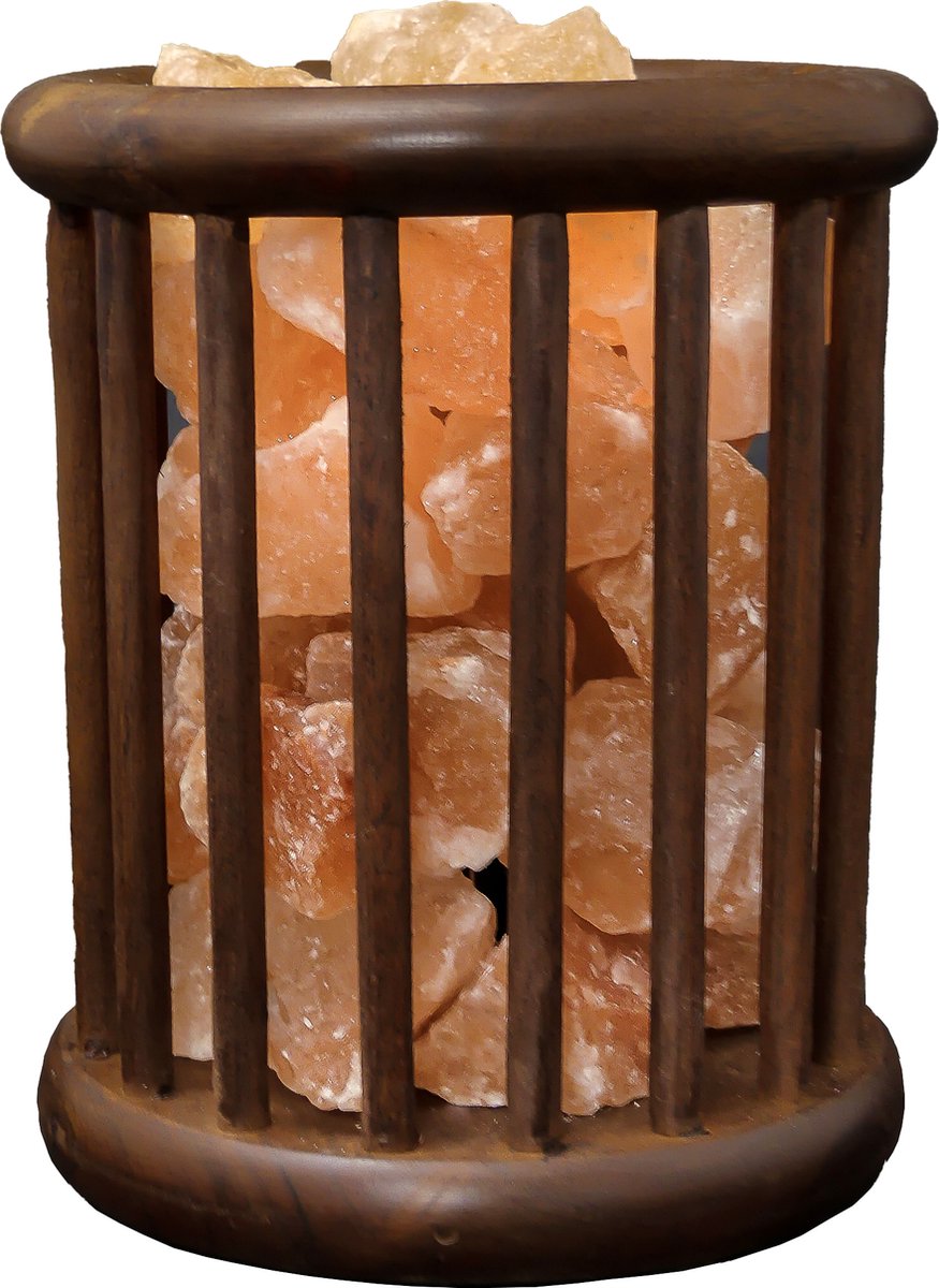 Zoutlamp - Himalaya Zoutstenen - Houten Korfje - Cilinder
