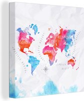 Canvas Wereldkaart - 20x20 - Wanddecoratie Wereldkaart - Kleuren - Waterverf