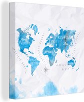 Canvas Wereldkaart - 20x20 - Wanddecoratie Waterverf - Wereldkaart - Blauw
