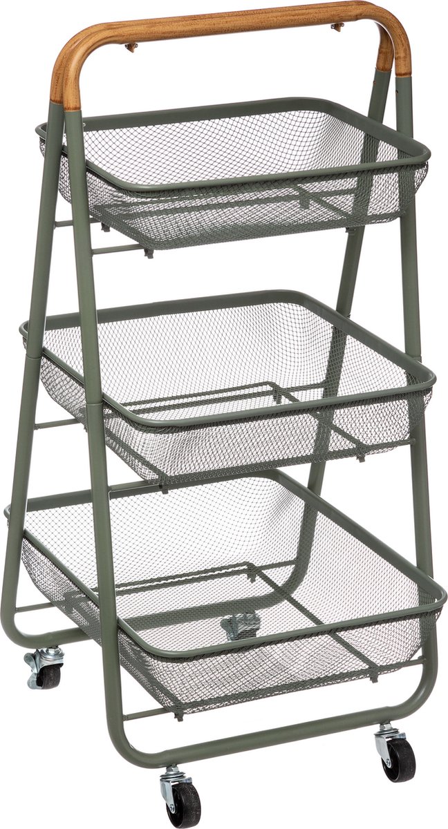 5Five Keuken/badkamer opberg trolley - 3 laags - groen - 48 x 41 x 87 cm - mesh metaal