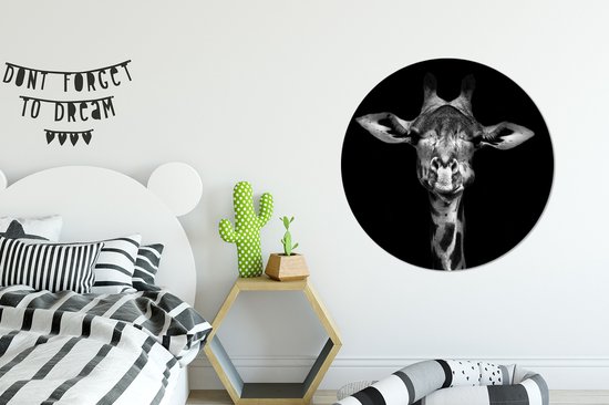 WallCircle - Wandcirkel - Muurcirkel - Giraffe - Portret - Dieren - Zwart - Wit - Aluminium - Dibond - ⌀ 90 cm - Binnen en Buiten
