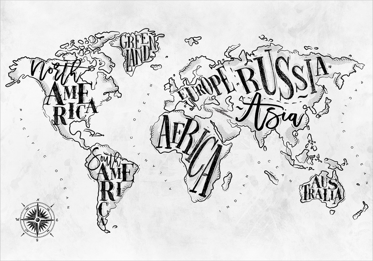 Fotobehangkoning - Behang - Vliesbehang - Fotobehang Wereldkaart - Continenten - Retro Continents (Grey) - 400 x 280 cm