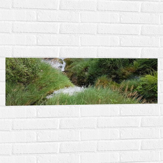 WallClassics - Muursticker - Waterval tussen Gras - 90x30 cm Foto op Muursticker