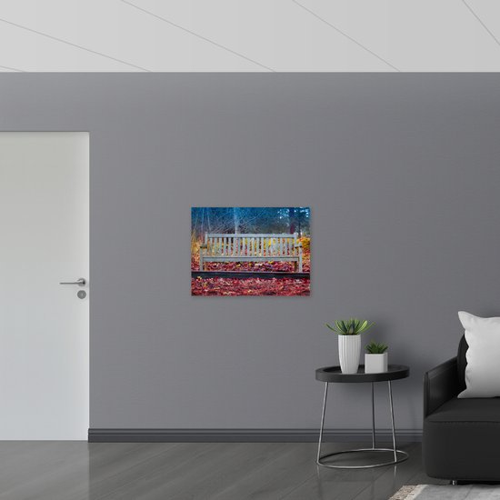 WallClassics - Panneau en mousse PVC - Banc Wit dans une forêt d'automne - Photo 80x60 cm sur panneau en mousse PVC (avec système de suspension)